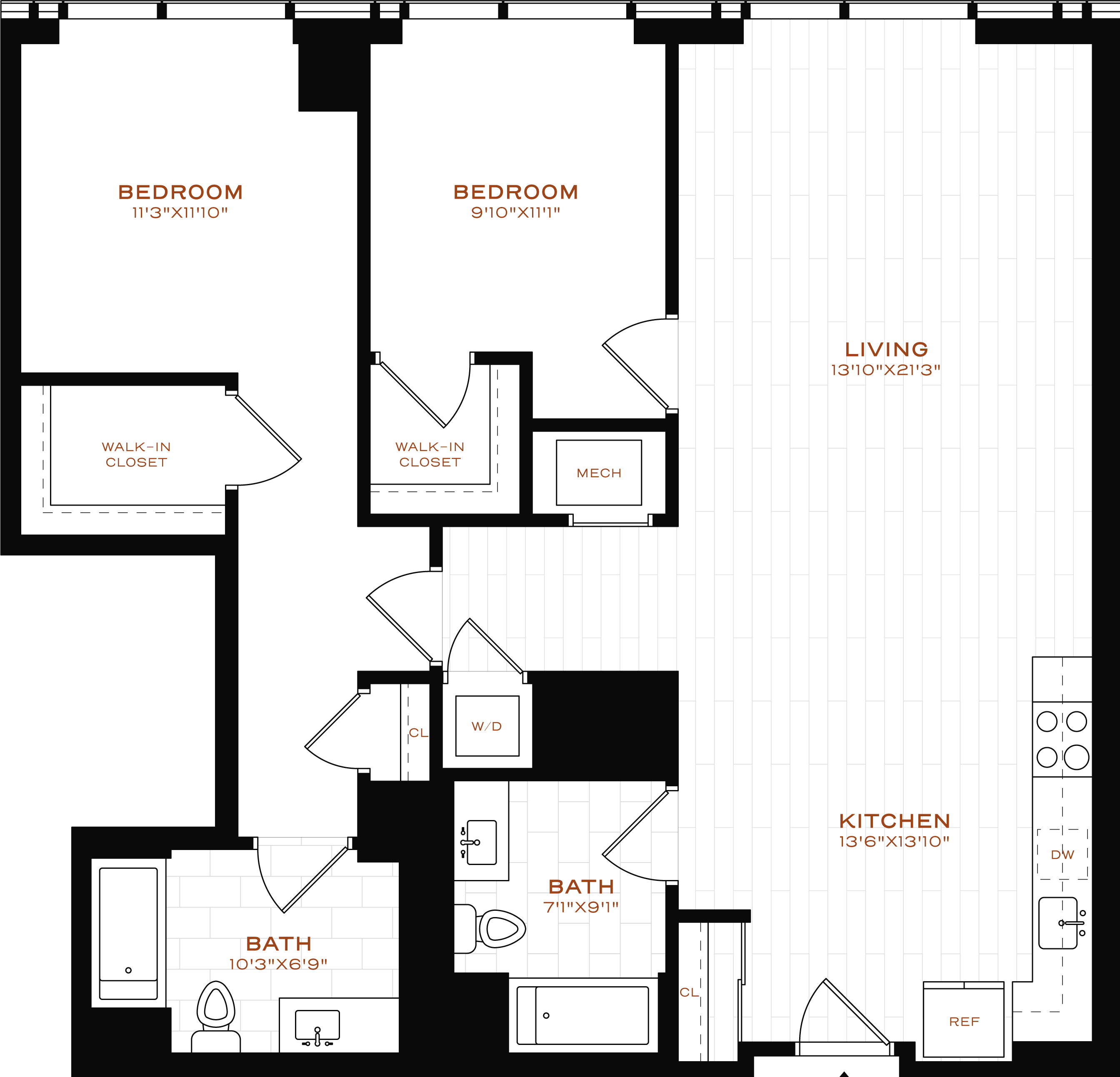 Rendering of the 2 Bed-2 Bath Floor Plan